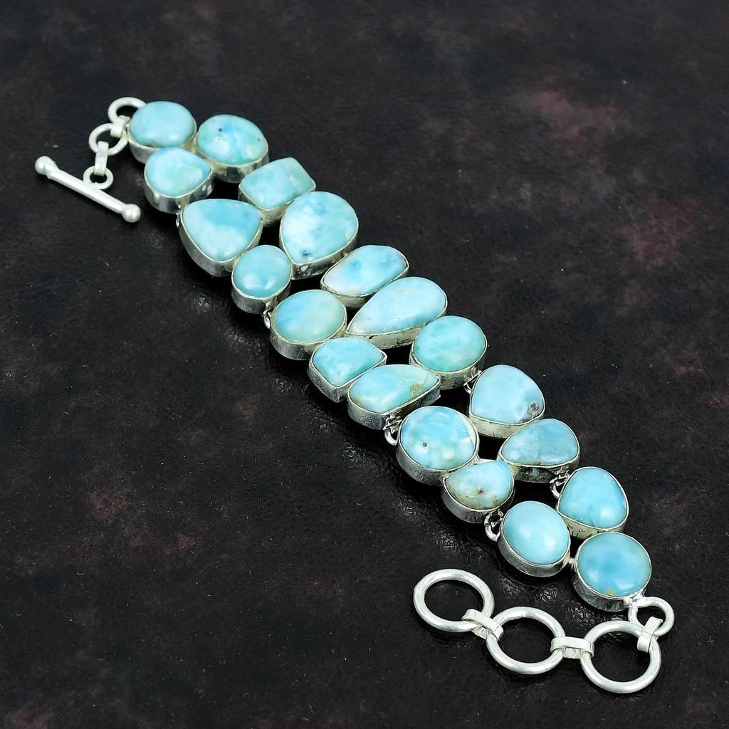 Solid 925 Sterling Silver Larimar Gemstone Silver Bracelet Gemstone Natural Larimar Bracelet