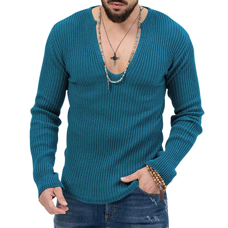 Men's V-Neck Ribbed Long Sleeve Knit Sweater, Slim Fit Casual Pullover, Multiple Color Options
