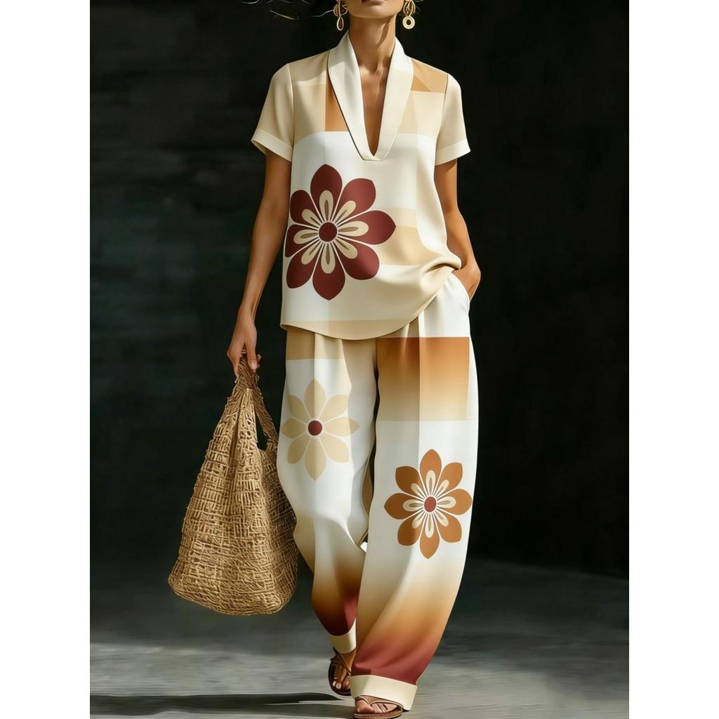 TEMU Hot Sale Women's V-Neck Pullover Short Sleeve Pants Set India Two-piece Set 1D Digital Printing