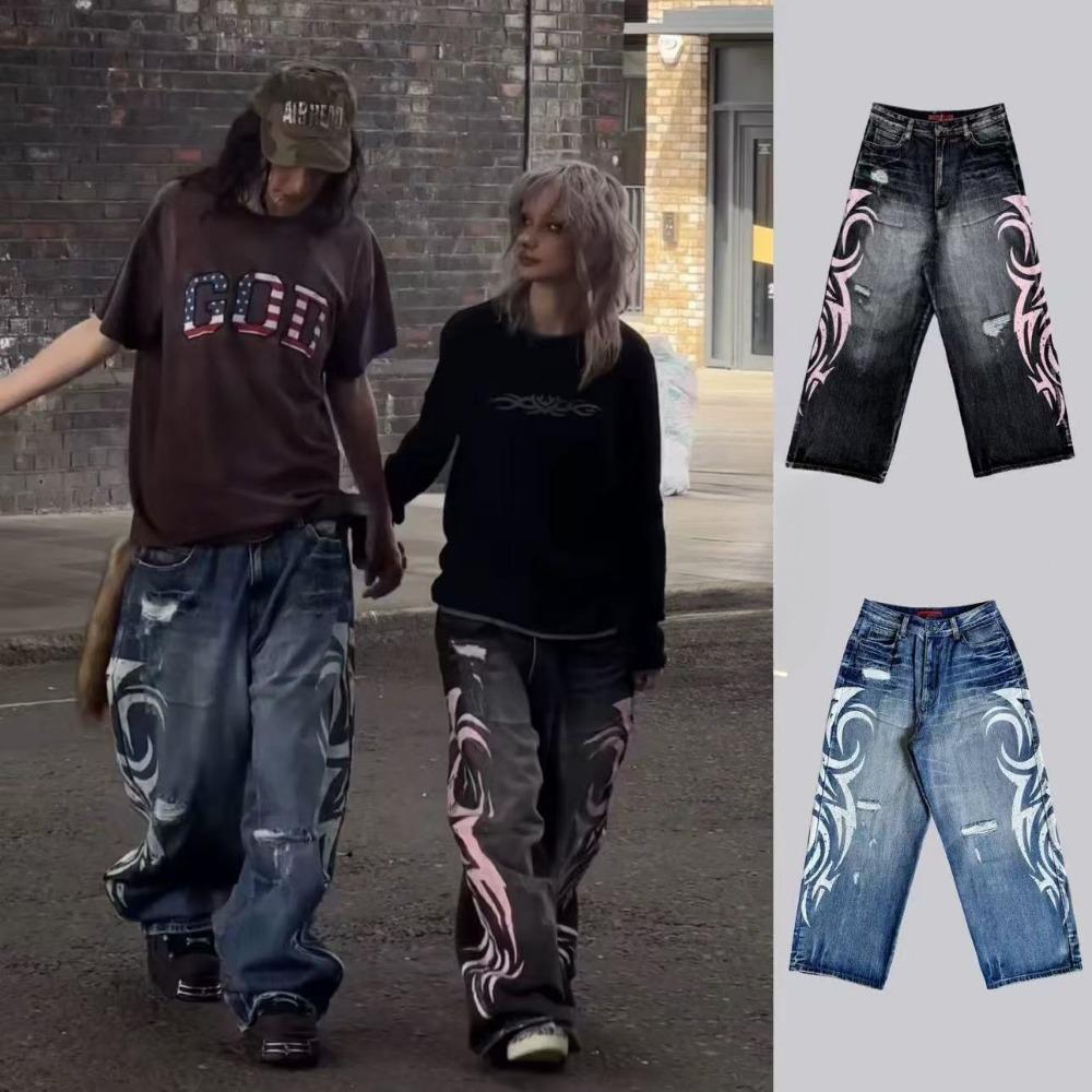 Женские джинсы с высокой талией и широкими штанинами Y2K American Vintage Mottled Totem Print Baggy Jeans, женские джинсы Harajuku Trendy Hip Hop Jeans