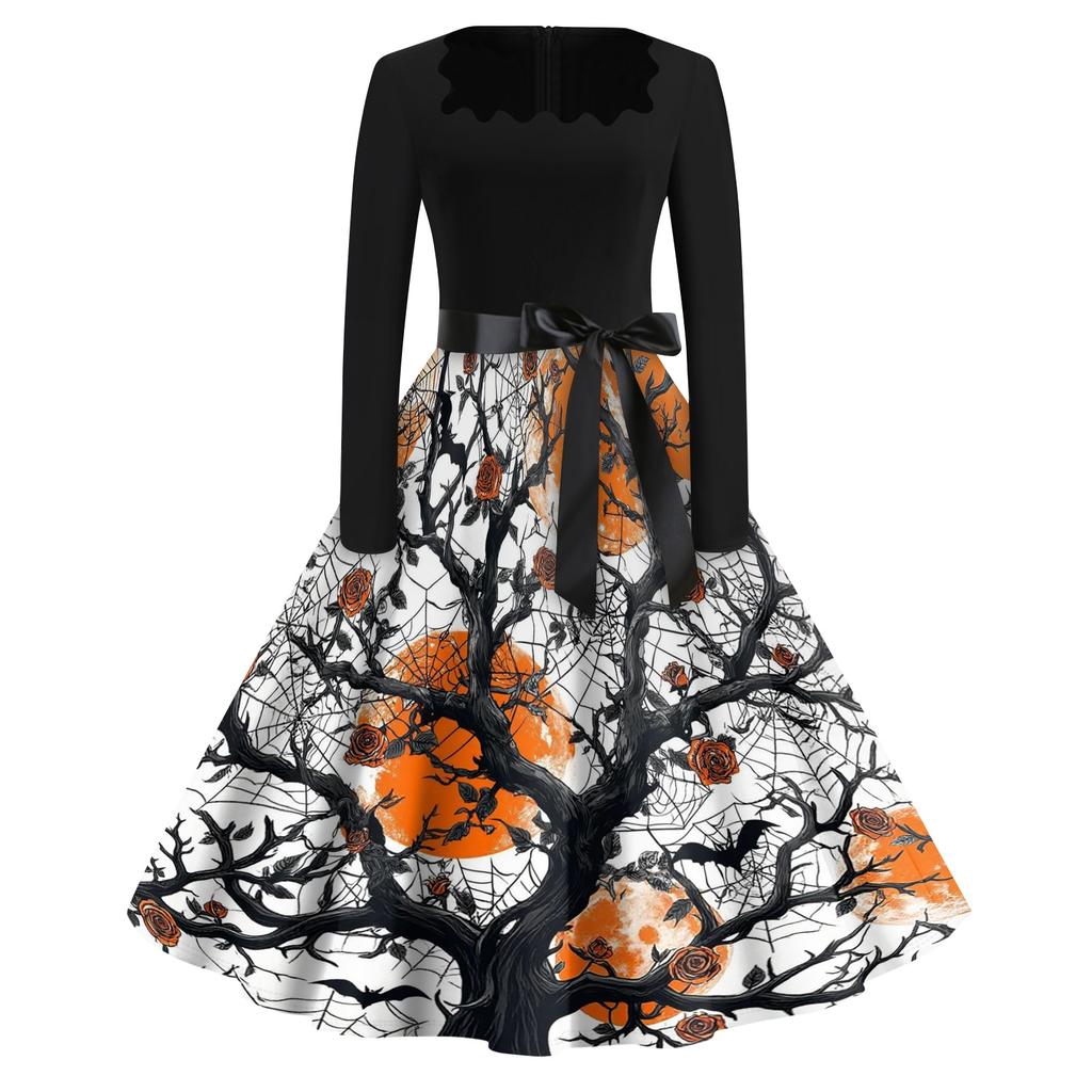 Women Casual Halloween Dress Long Sleeve Square Neck Vintage Style Fit Flare Dress with Spider Web Print and Waist Tie Belt