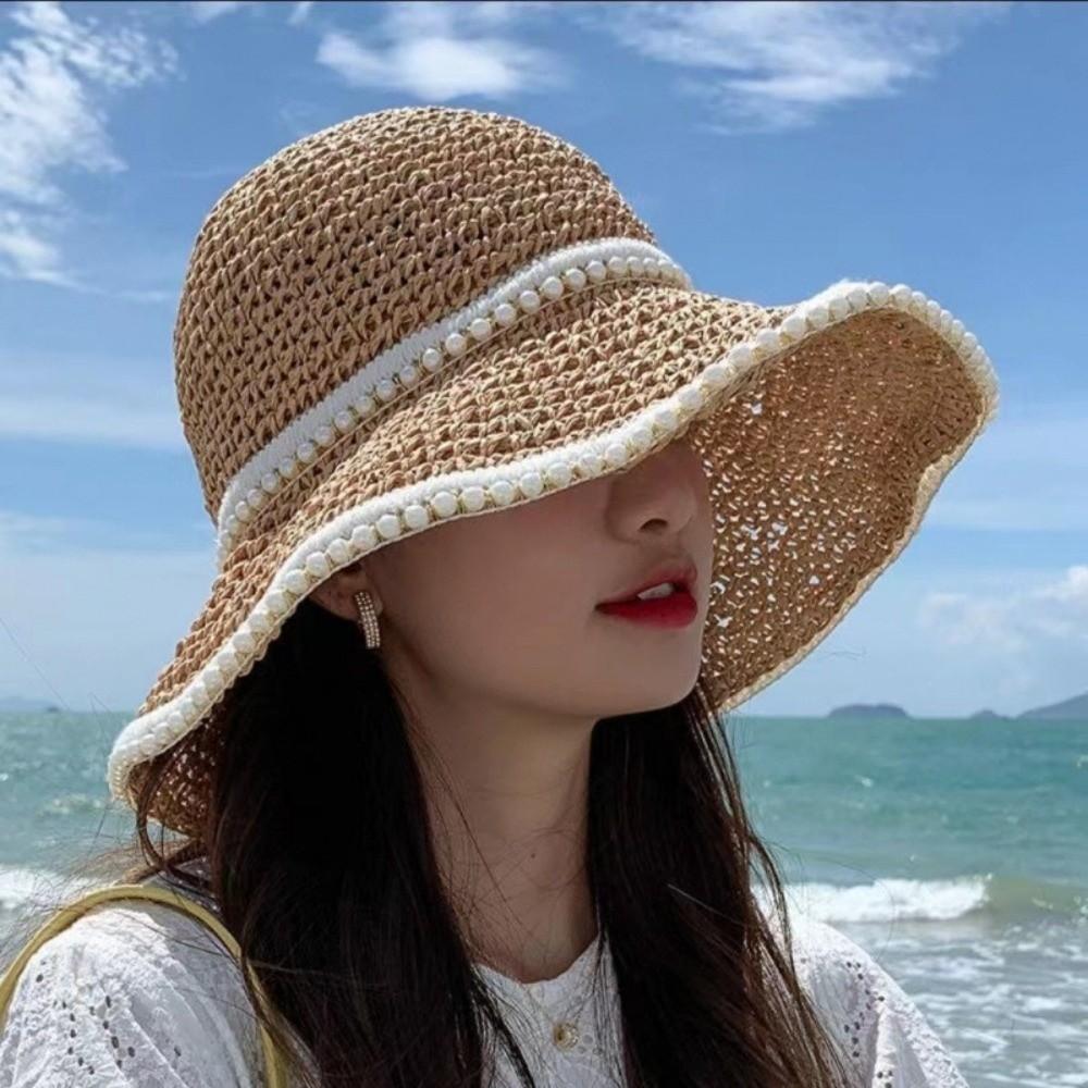 Breathable Straw Fisherman Hat Foldable Hollow Beach Cap Korean Style Bucket Hat for Spring Summer
