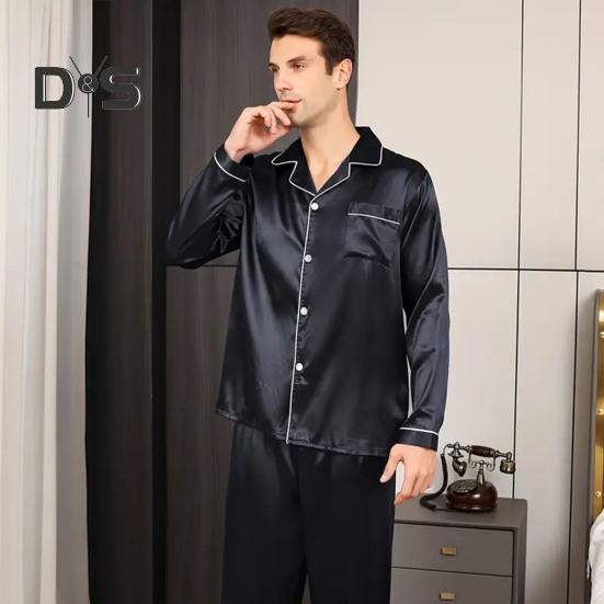 2 шт./компл. Шелковый атласный мужской пижамный комплект с пуговицами, длинными рукавами, верхом из пижамы с воротником-стойкой, пуговицами спереди, нагрудным карманом, длинными штанами, одежда для сна
