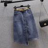 Летние женские джинсовые юбки больших размеров, женская одежда, синяя модная джинсовая юбка трапециевидной формы с поясом на талии