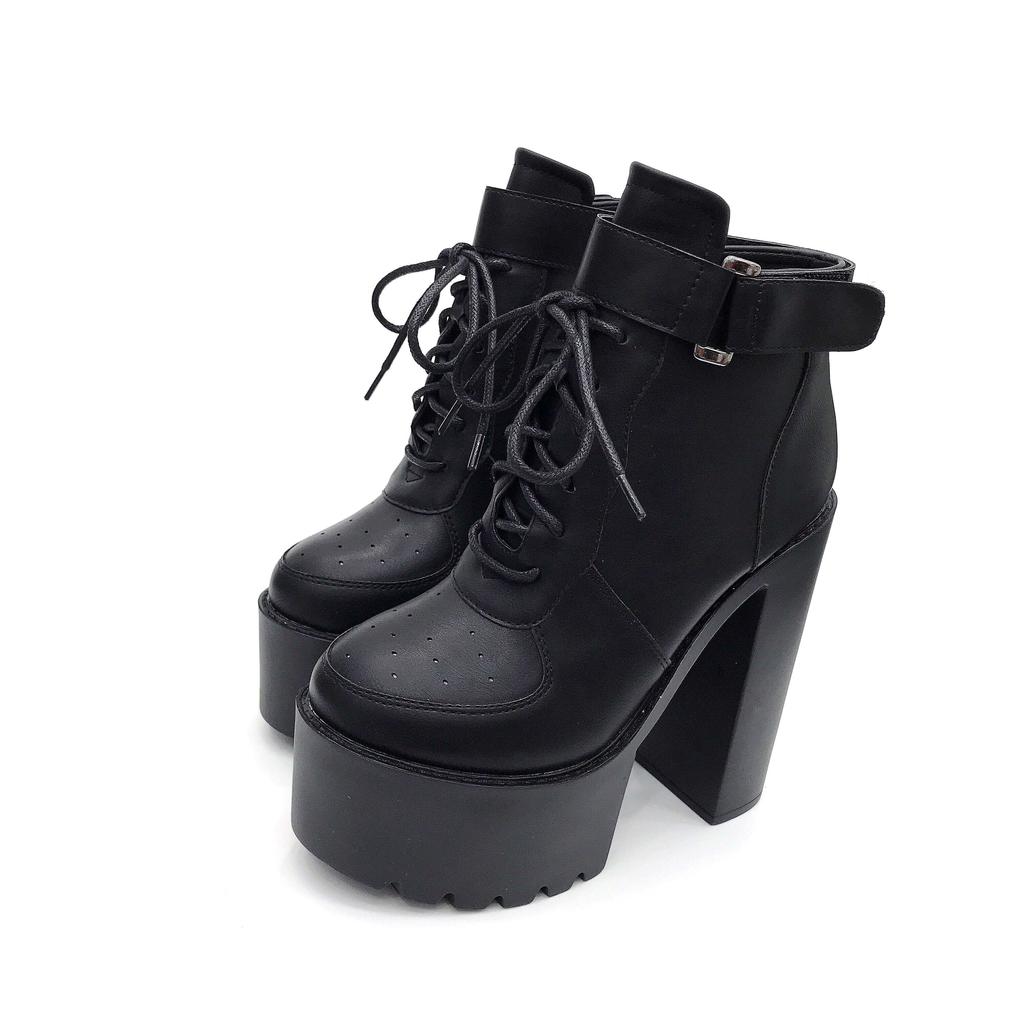 Fashion Black Platform Boots Women Zipper Autumn High Heels Shoes Lace Up Ankle Boots Russian Shoes
