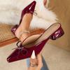 Spring Square Head Burgundy Bow High Heel Cool Slippers Women's Large Size Microfiber Leather Single Shoes Fine High Heel