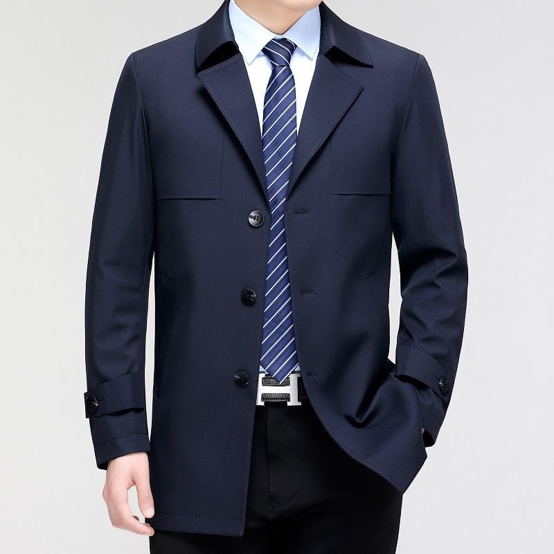 Мужская ветровка средней длины, куртка для весны и осени, деловая, повседневная, для мужчин среднего возраста, с простым воротником, против морщин, тонкая куртка