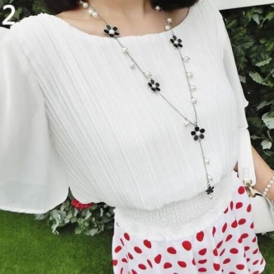 Women's Fashion Korean Style Faux Pearl Flowers Long Necklace Sweater Chain AVE