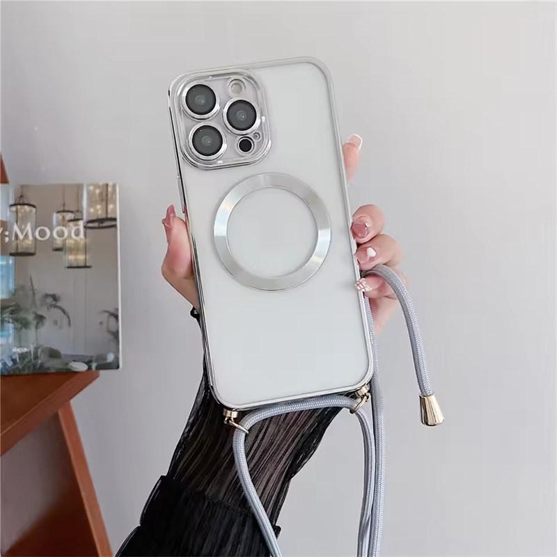 Прозрачные магнитные чехлы с покрытием для беспроводной зарядки MagSafe для iPhone 17 Air 16 15 14 13 12 11 Pro Max Plus с ремешком-шнурком на шею