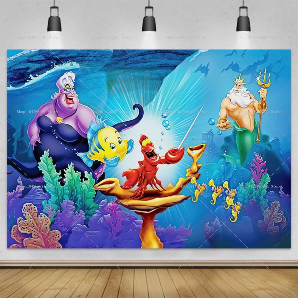 The Little Mermaid Ocean Backdrop Lovely Girl Birthday Party Decor Baby Shower Supplies Photo Backdrop Party Wall Banner