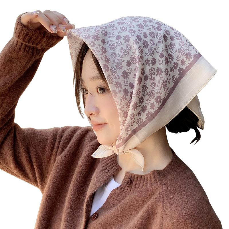 Japanese idyllic small square scarf floral cotton and linen silk scarf women's fashion new versatile headscarf beach sunscreen small scarf