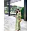 Seaside Vacation Wind Suspender V-neck Dress Women's Summer New Casual Pleated Texture Green Floral Skirt