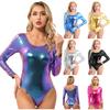 Women's Shiny Metallic Bodycon Bodysuit Long Sleeve Scoop Neck Gymnastics Leotard Dance Costume