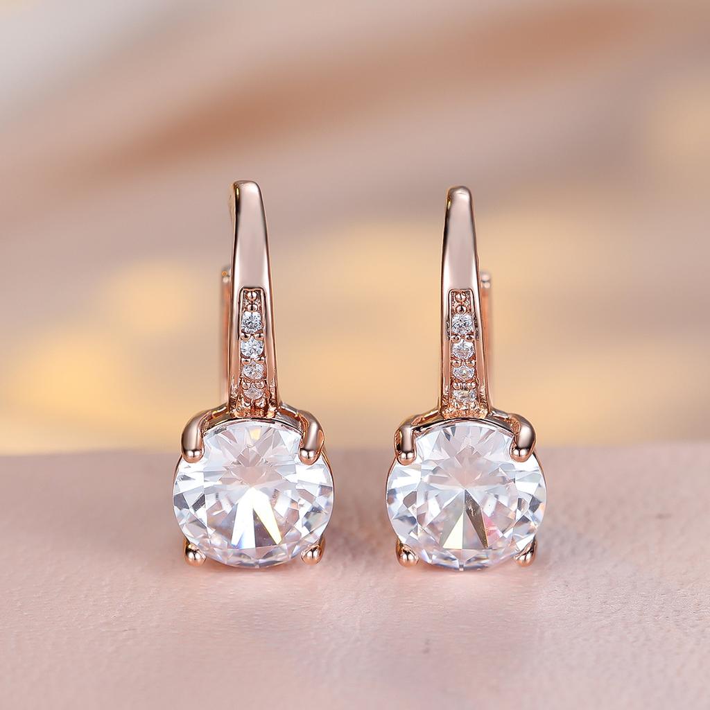 1 Pair Rose Golden Color Round Cut White Blue Red Green Stone Drop Earrings Fashion Women Wedding Jewelry Luxury Accessories