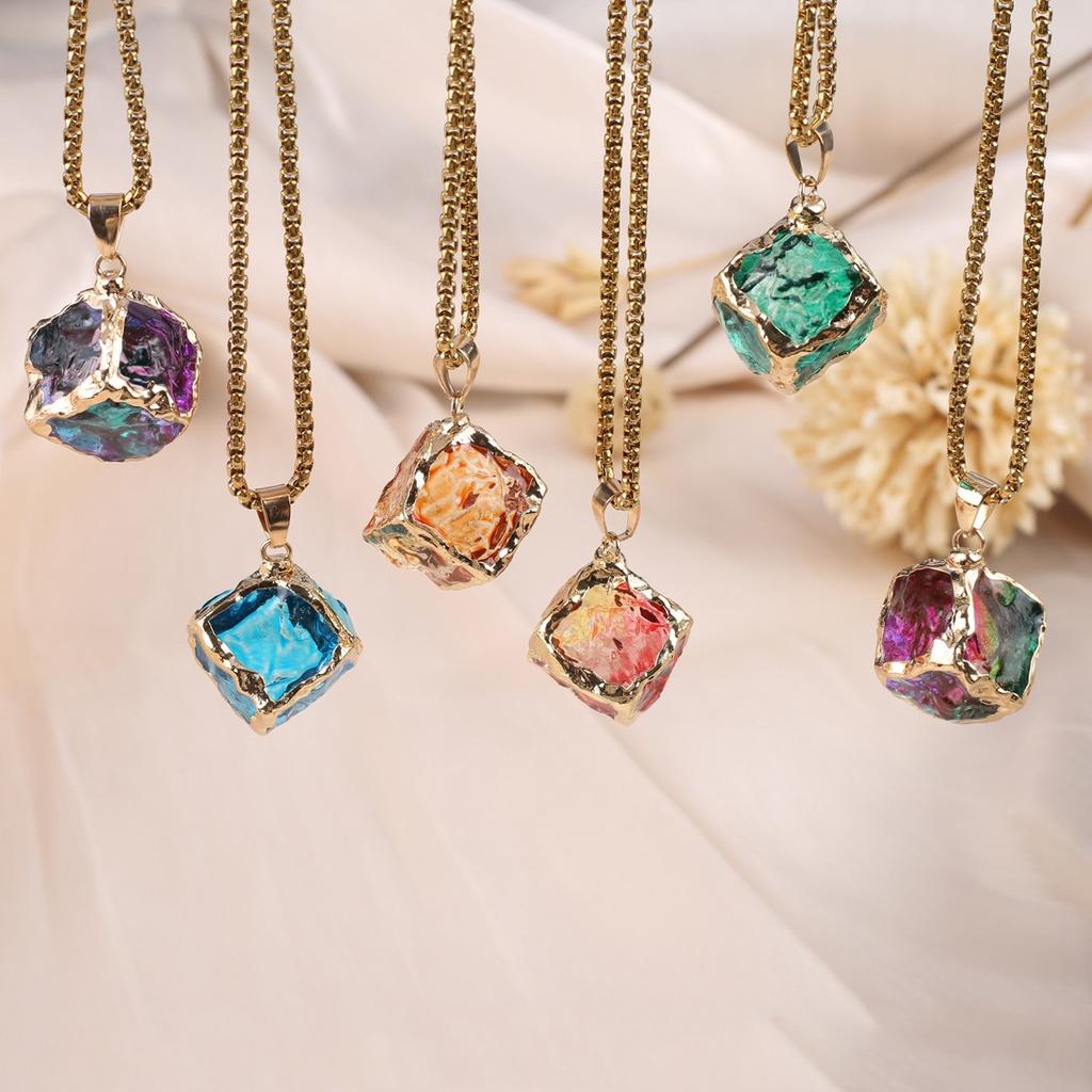 1Pc, Reiki Healing Crystal Necklace Pendant, Geometric Style Square Energy Natural Stone Chain Necklaces for Women Men Christmas Jewellery Gifts