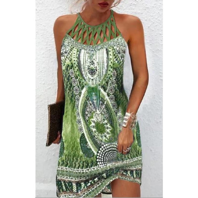 GMXIA National Style Positioning Print Mesh with Sleeveless Casual Dress for Women