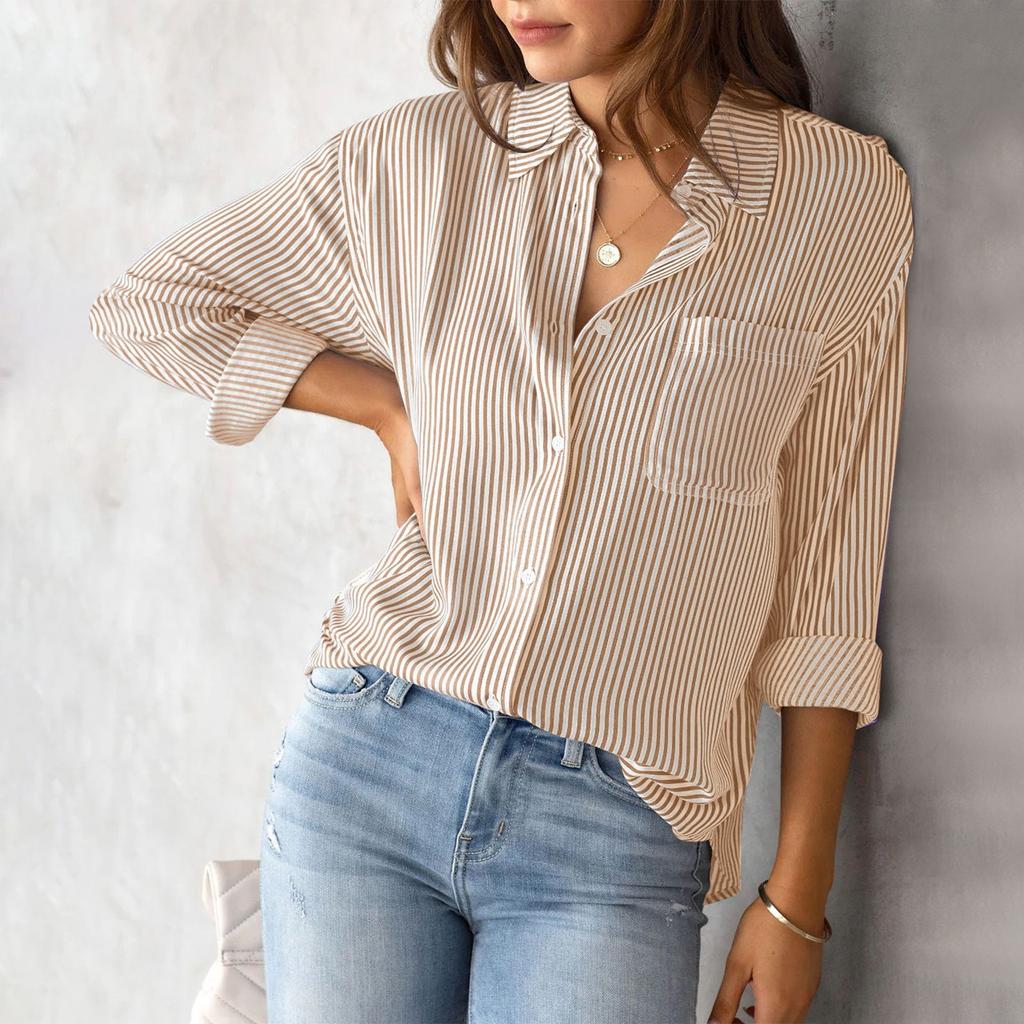 Женские полосатые рубашки на пуговицах с карманами и длинными рукавами, остроконечный воротник, топы