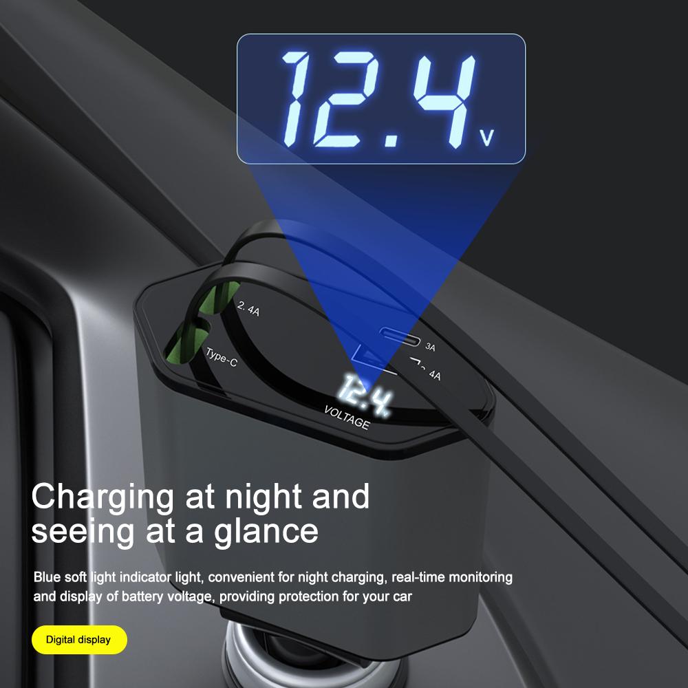 Автомобильное зарядное устройство PD 120 Вт, быстрое зарядное устройство с 2 выдвижными кабелями, быстрое автомобильное зарядное устройство типа C, вольтметр 4 в 1, питание для iPhone Huawei