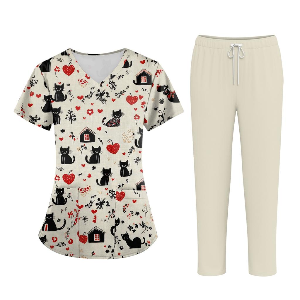 Плюс размерСкраб с принтом Рабочая форма Топы для женщин Крест V-образным вырезом Хэллоуин Принт с короткими рукавами Забавные футболки Спецодежда Футболка с карманами