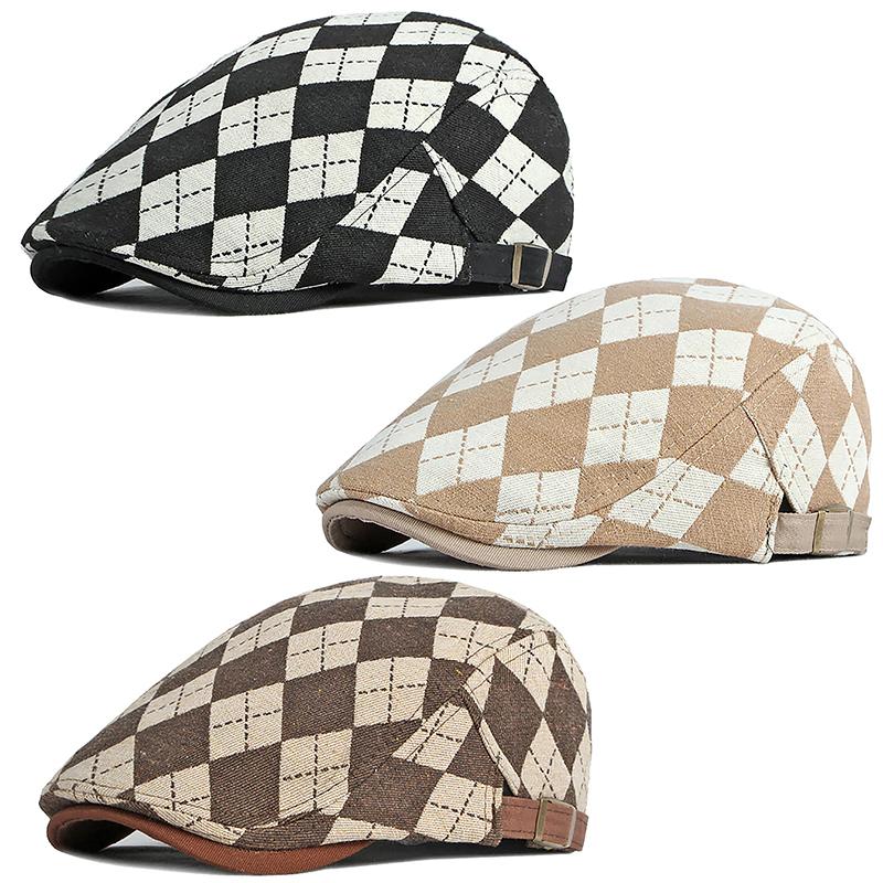 Spring And Autumn Beret Hats Vintage Checkered Brown Coffee Khaki Flat Cap Front Cap Painter'S Cap Cap Man