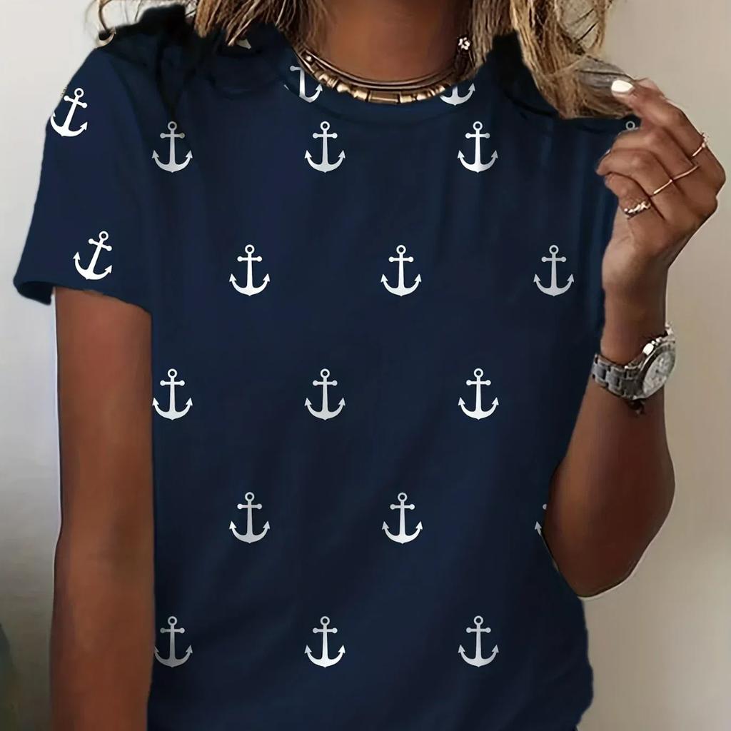 2024 новая стильная футболка для женщин, топ с принтом якоря, летние футболки большого размера для женской одежды, женская мода с круглым вырезом, большие размеры