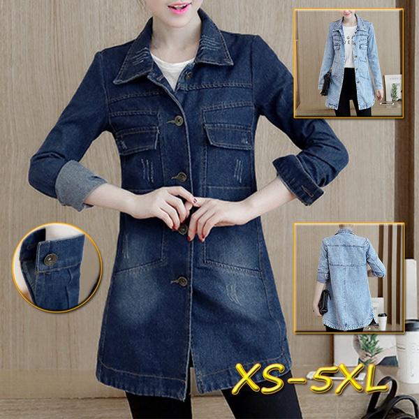 Denim Jacket Women's Slim Long Leggings Jacket Women's Trim Navy Plus Size Jeans Jacket Jacket S-5XL