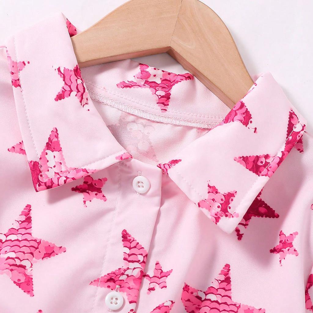 Новая блузка для девочек, весна 2024, розовая рубашка с длинными рукавами и принтом звезд для девочек