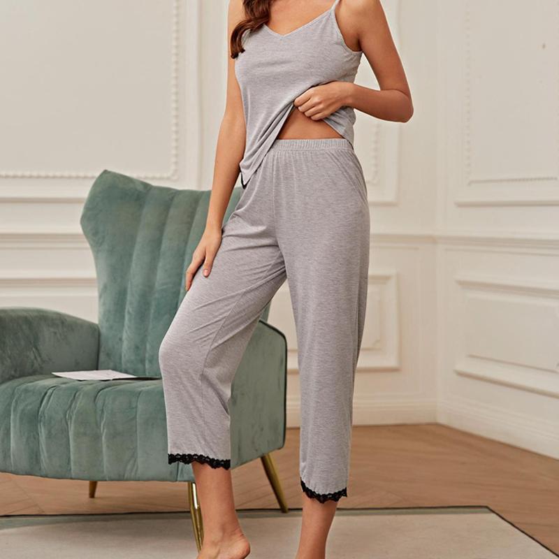 Пижамные женские летние сексуальные брюки на подтяжках с кружевными краями, комплект из двух предметов для женской домашней одежды