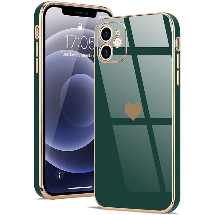 Coque de protection - Luxe - pour iPhone 12 - Vert nuit - Motif coeur - Souple TPU