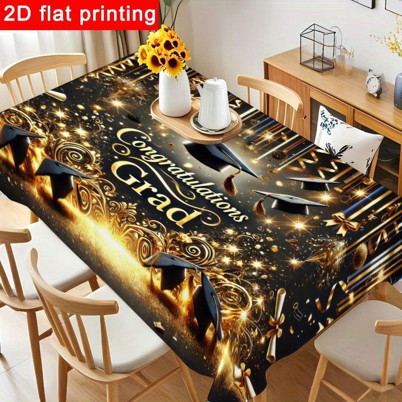 1pc Elegant Graduation Tablecloth - Luxurious Black And Golden Polyester Cover for Graduation Party Decorations, Reusable And Easy to Clean, Perfect f