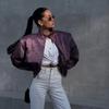 Trendy Purple Satin Bomber Jacket with Stand Collar – Short Cropped Zip-Up Coat for Women Warm Winter Outwear