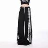 Women's Y2K Sweet Wide Leg Elastic Waist Drawstring Baggy Cargo Pants Vintage Street Lace Striped Print Black Casual Trousers