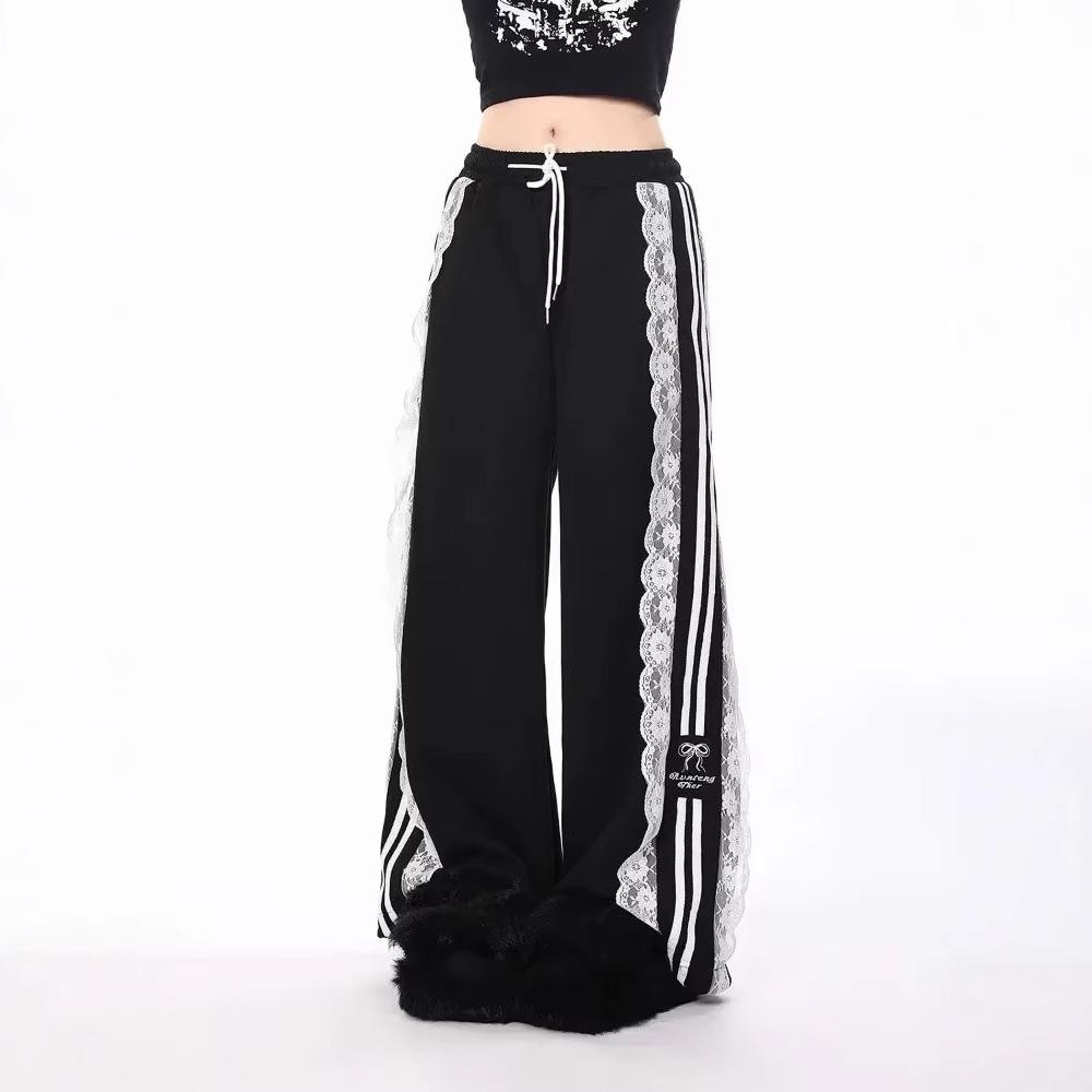 Женские брюки Y2K Sweet Wide Leg с эластичной талией и завязками на талии, мешковатые брюки-карго Vintage Street Lace Striped Printed Black Casual pants