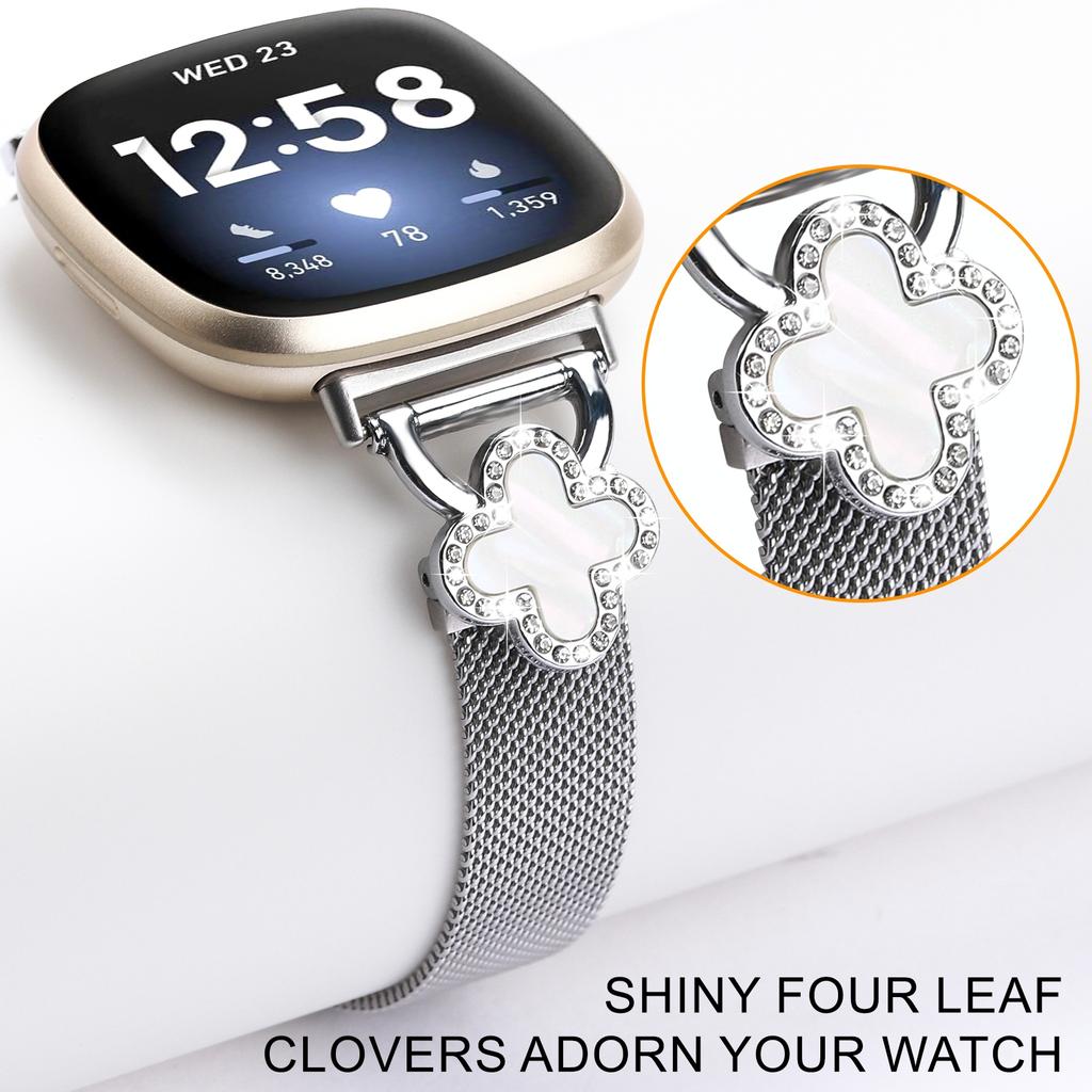 For Fitbit Versa 4/Sense 2 Band Milanese Metal Magnetic Watch Strap with Clover Connector,Size: L