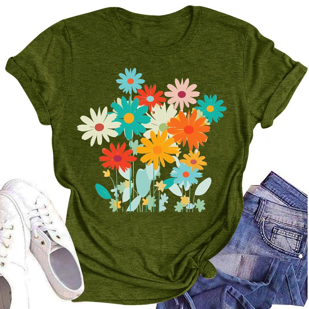 Женская повседневная футболка с круглым вырезом и цветочным принтом, короткий рукав