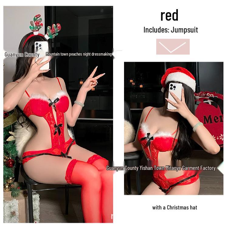 Праздничный красный кружевной прозрачный боди - Сексуальное кружевное нижнее белье на бретельках для праздников