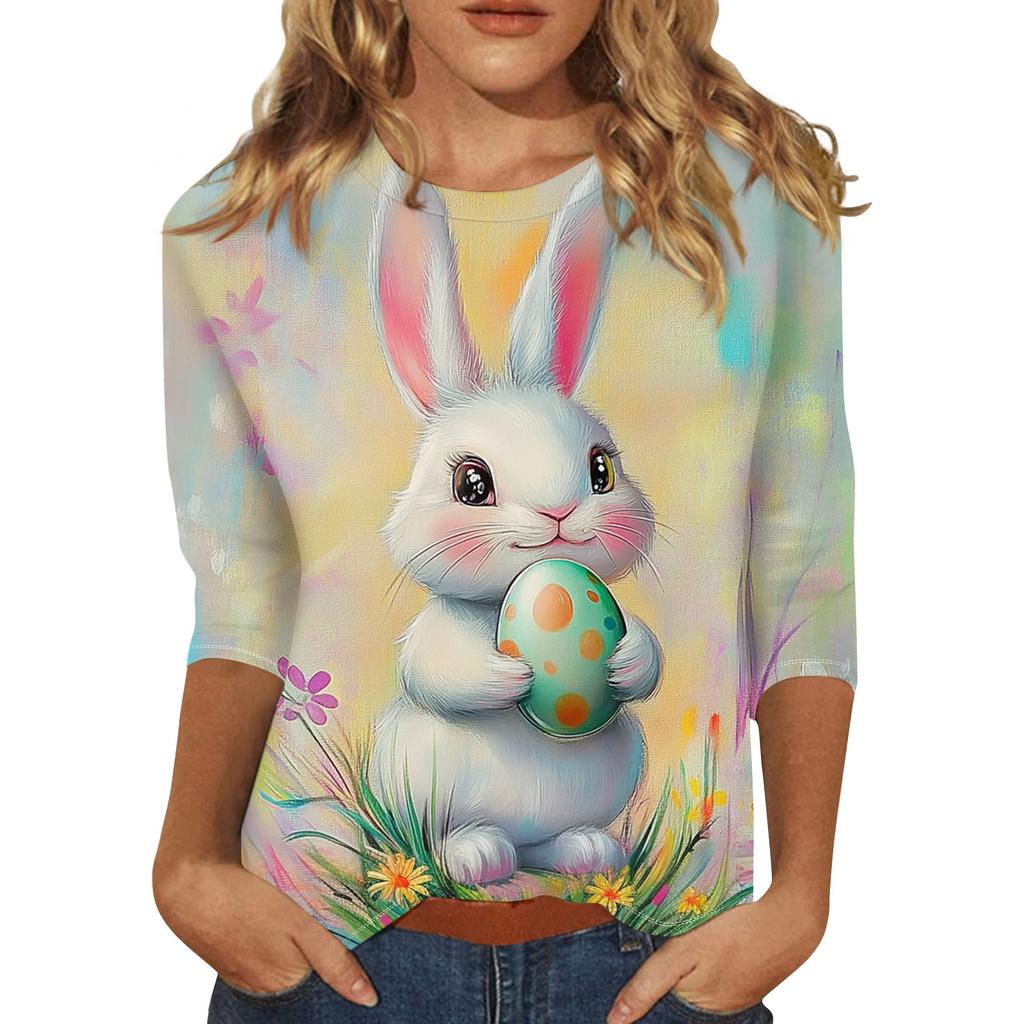 Women's Fashion Loose Casual Seven Sleeve Printed Round Neck Top