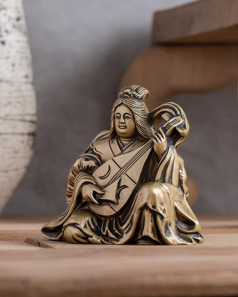 Benzaiten, One of the Seven Lucky Gods, Silky Gold. Sculptor: Makita Shuun. Antique Gold. Buddhist Statue. Takaoka Copperware (Benzaiten 7F).