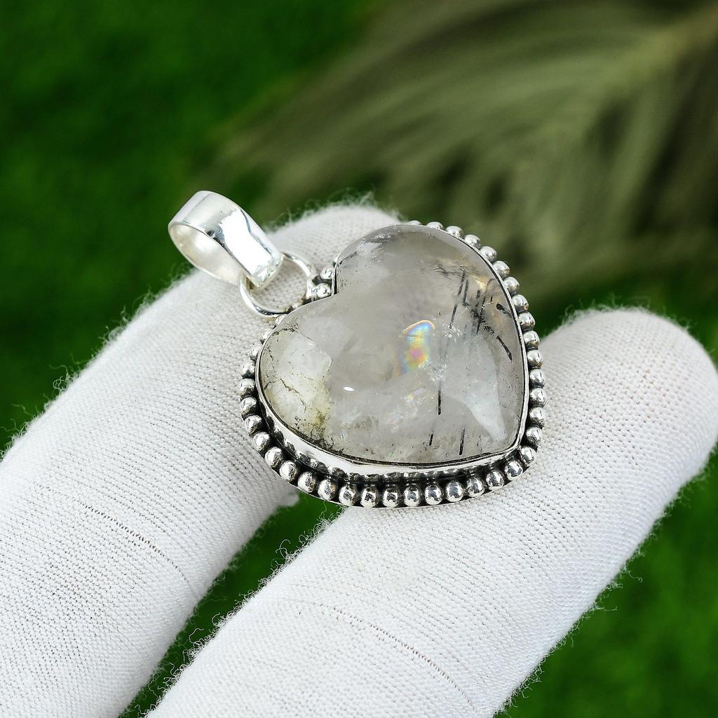 Natural Black Rutile Gemstone Pendant 925 Sterling Silver Jewelry For Women