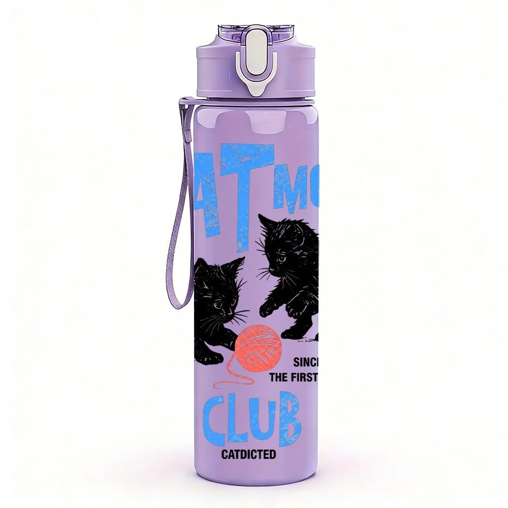 1PC Cat Mom Club Text Pattern 750ml Color Plastic Sports Water Bottle Leakproof Flip Straw Lid Suitable for Sports Office Home Use