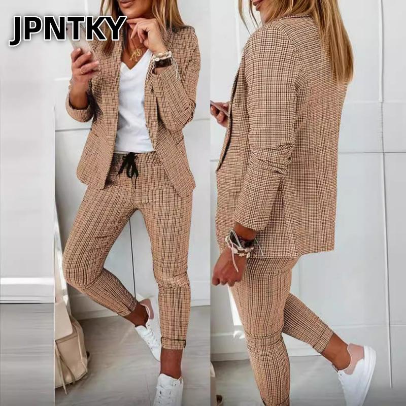 JPNTKY Женские Модные Повседневные Брючные Костюмы с Длинным Рукавом и Воротником-Поло
