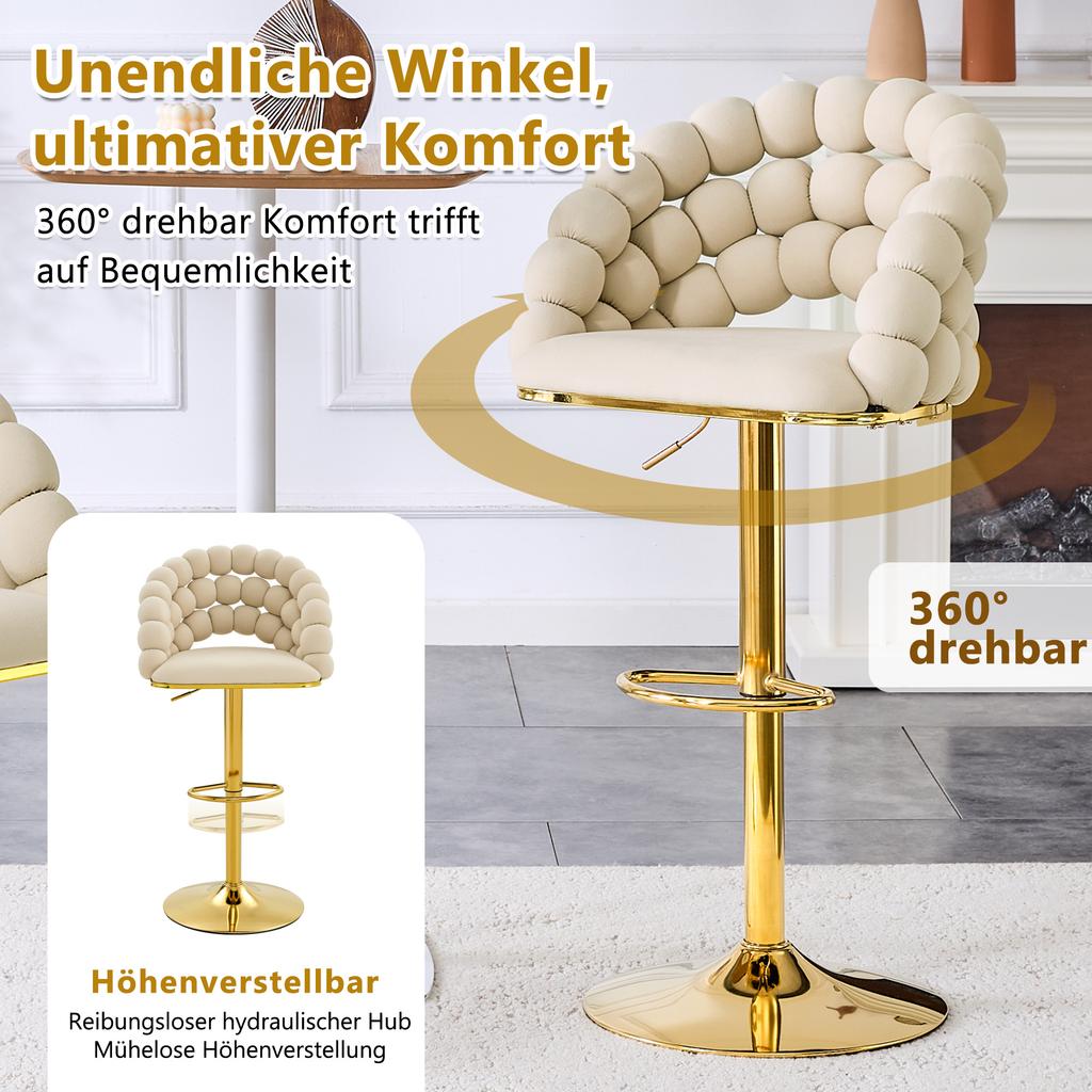 Cream White Velvet Bar Stools Set of 2 – Ball-Chain Backrest, Gold-Plated Adjustable Frame, Stylish for Kitchen Island, Home Bar & Dining Area