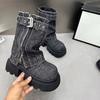Fashion 2025 Designer Denim Women Ankle Boots Fashion Elegant Side Zippers Belt Buckle Shoes Thick Heel Women's Morder Short Booties