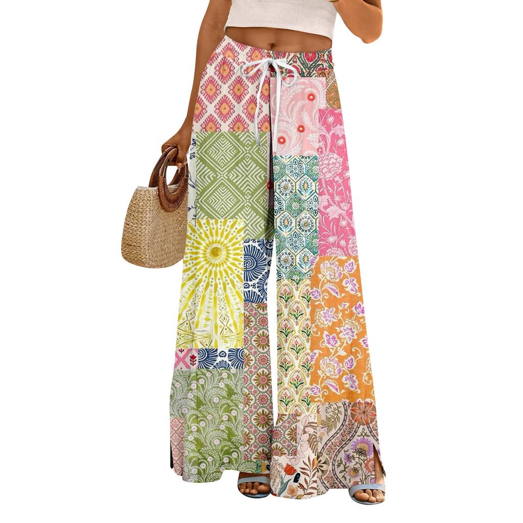 Women Summer Boho Palazzo Pants High Waist Wide Leg Rinting Casual Trousers With Pockets