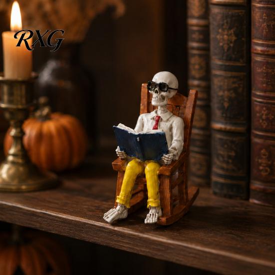 Resin Skeleton Desk Ornament Halloween Figurine, Sitting on Rocking Chair Statue, Drinking Gothic Garden Landscaping Decor Coffee Crocheting