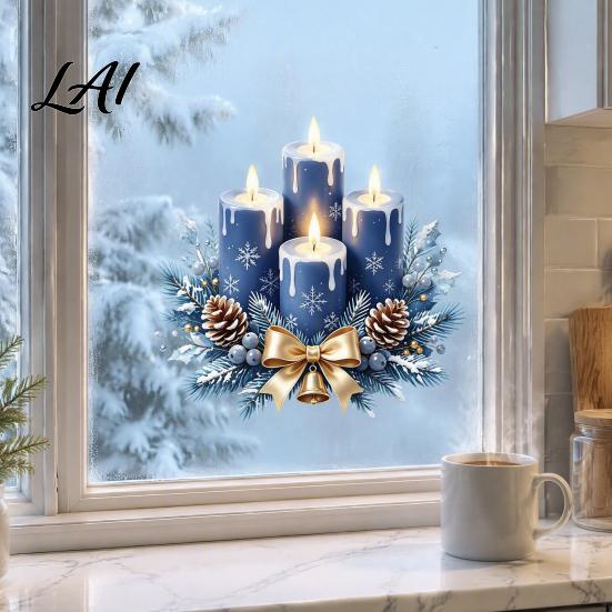 Creative Winter Gift Ideas Christmas Static Window Clings Blue Candle Wreath Stickers No‑Glue Holiday Glass Clings Reusable Decals for Home