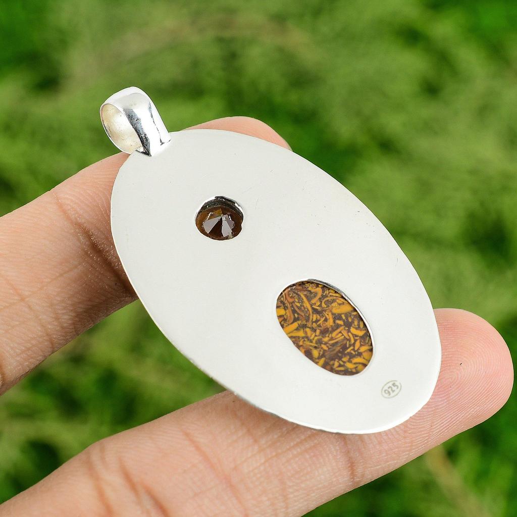 Sterling Silver Natural Mariam Jasper Citrine Bezel Wife Boho Pendant Jewelry