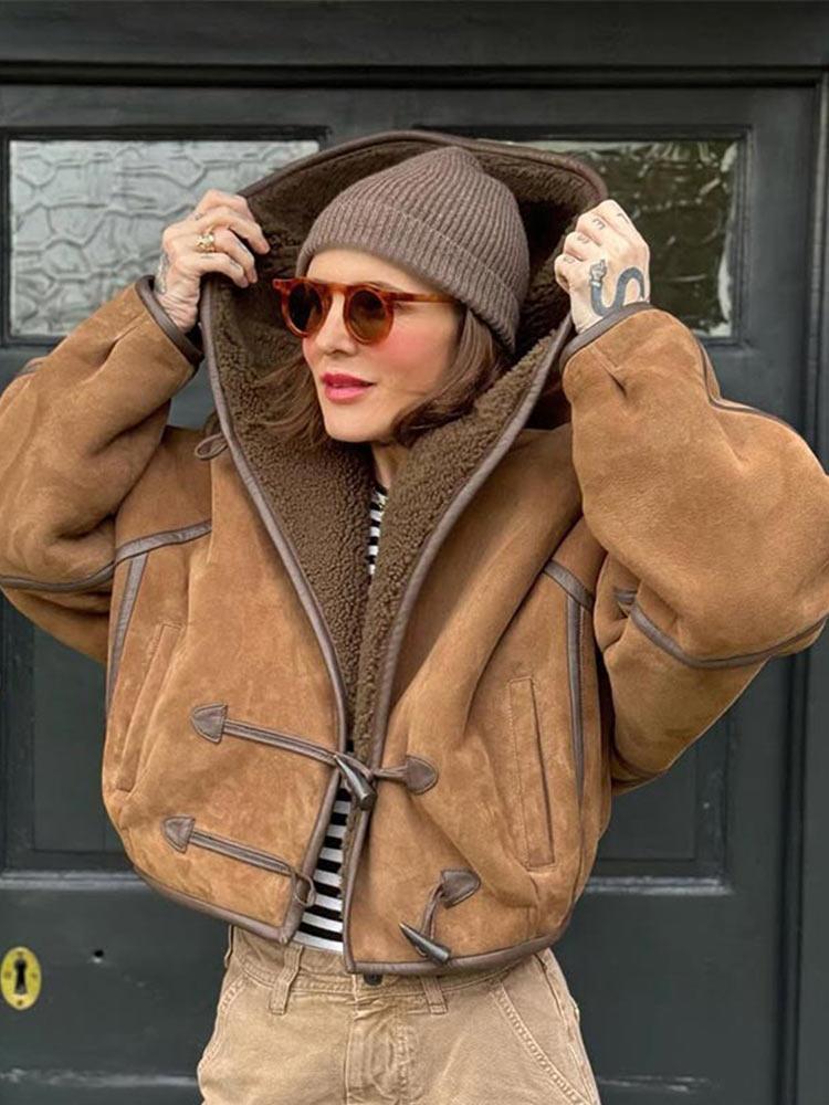 Женская двусторонняя зимняя куртка с капюшоном, на пуговицах из коровьего рога, хлопковая куртка, замшевая, из овечьей шерсти, теплая куртка, модный стиль, осень и зима