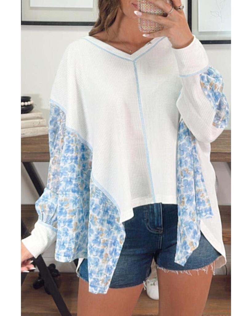 Azura Exchange Белая блузка с абстрактным цветочным принтом и V-образным вырезом в стиле пэчворк с рукавами «летучая мышь»