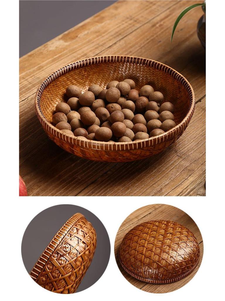Lacquered Bamboo Woven Basket: Round Retro Fruit, Snack, and Tea Tray